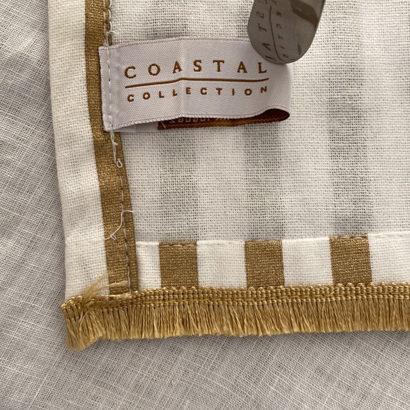 Gold and white stripe elegant fringe tea towel and moose condiment knife, NWOT - Picture 3 of 10